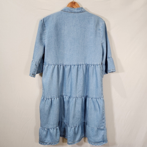 Blue Tiered Ruffled Mini Sundress with Mandarin Collar - Picture 3 of 9